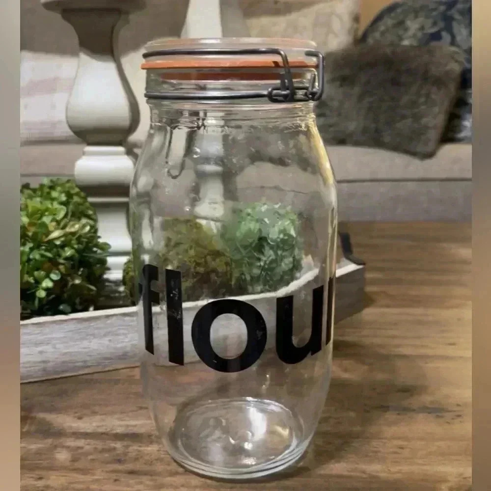 Vintage Glass ‘Flour’ Canister Fruit Jar Holder 2L Wire Closure 1970s Container